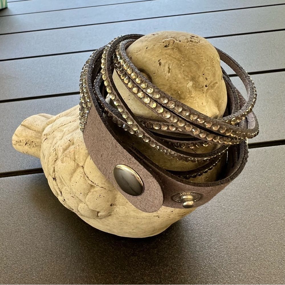 Rhinestone Gray Leather Wrap Bracelet - Picture 4 of 5